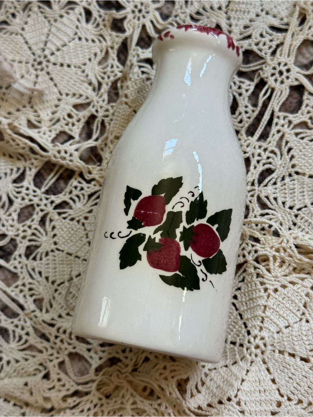 White Ceramic Milk Bottle with Red Fruit Motif